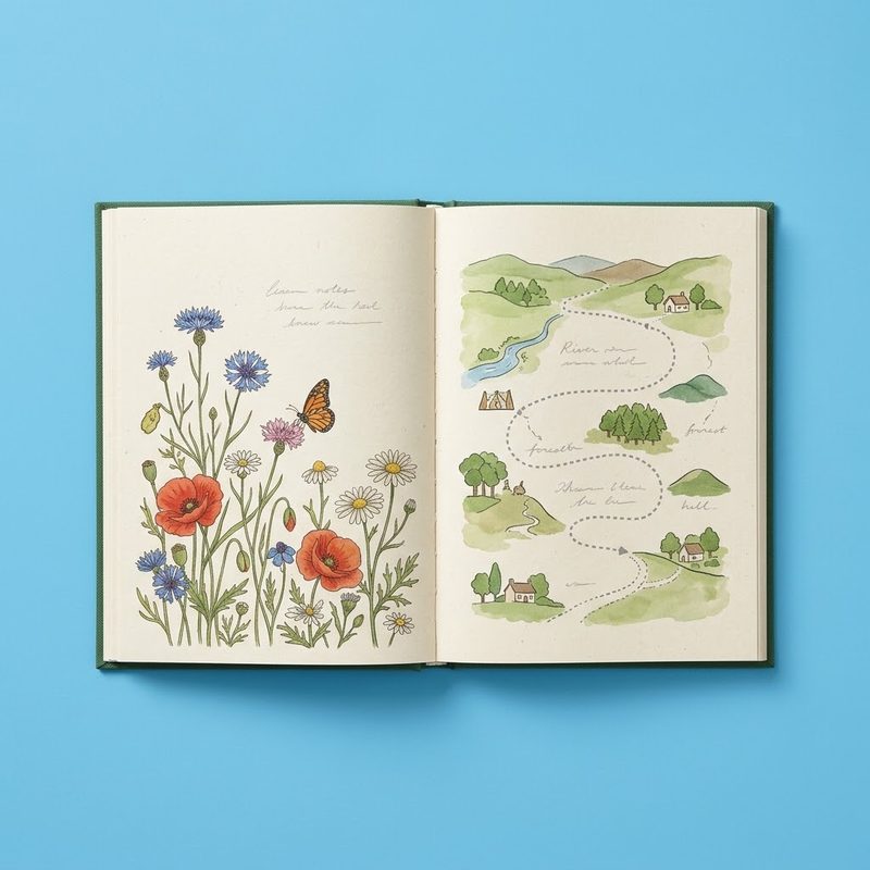 An open notebook, one page printed with wildflowers and a butterfly, the other with a little trail map