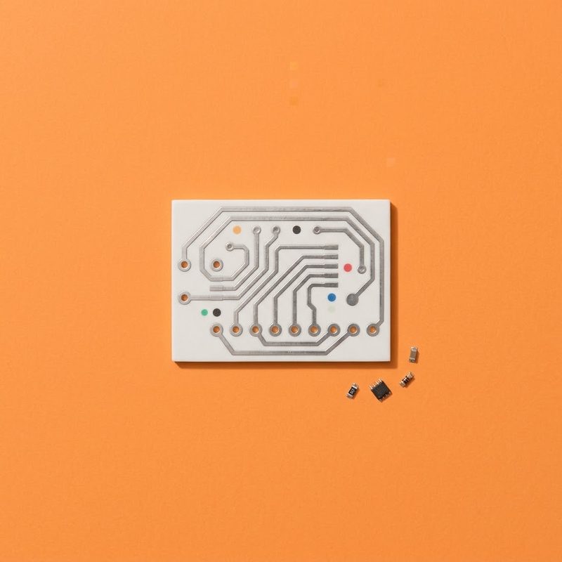 A white substrate printed with silver conductive traces, small components beside it