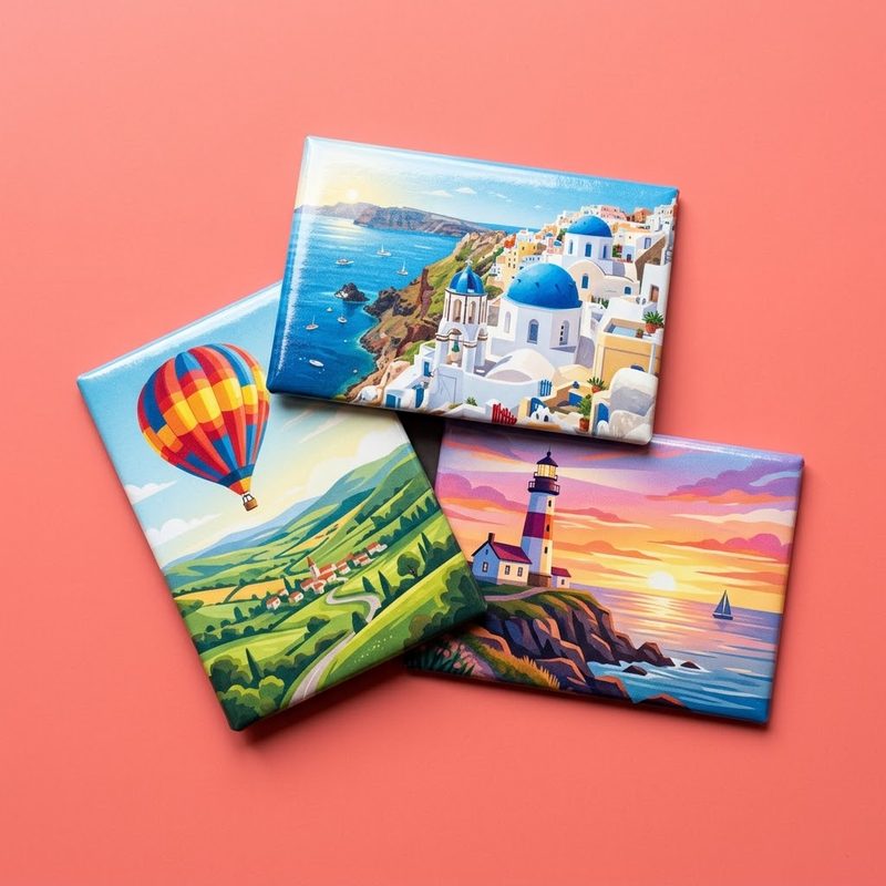 Three fridge magnets printed with a seaside town, a hot air balloon and a lighthouse at sunset