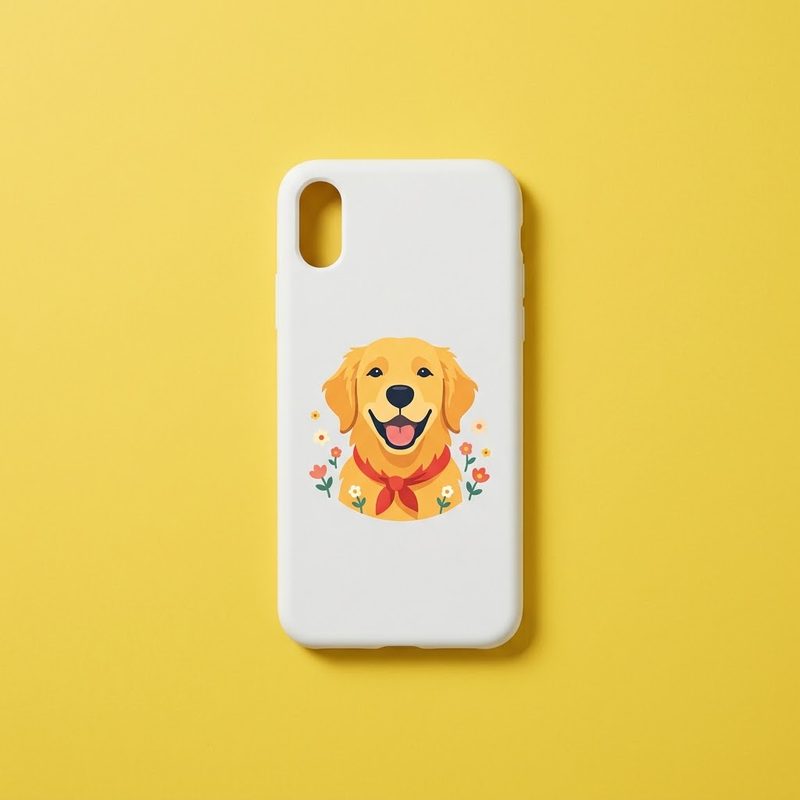 A white phone case printed with a smiling golden retriever among small flowers