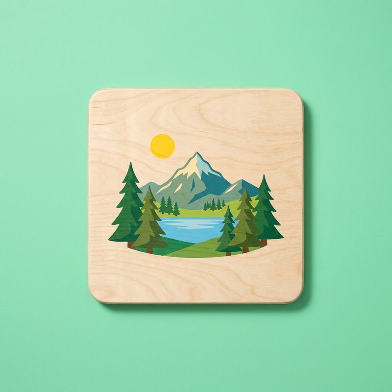 A birch plywood board printed with mountains, a lake and pine trees, the grain showing through