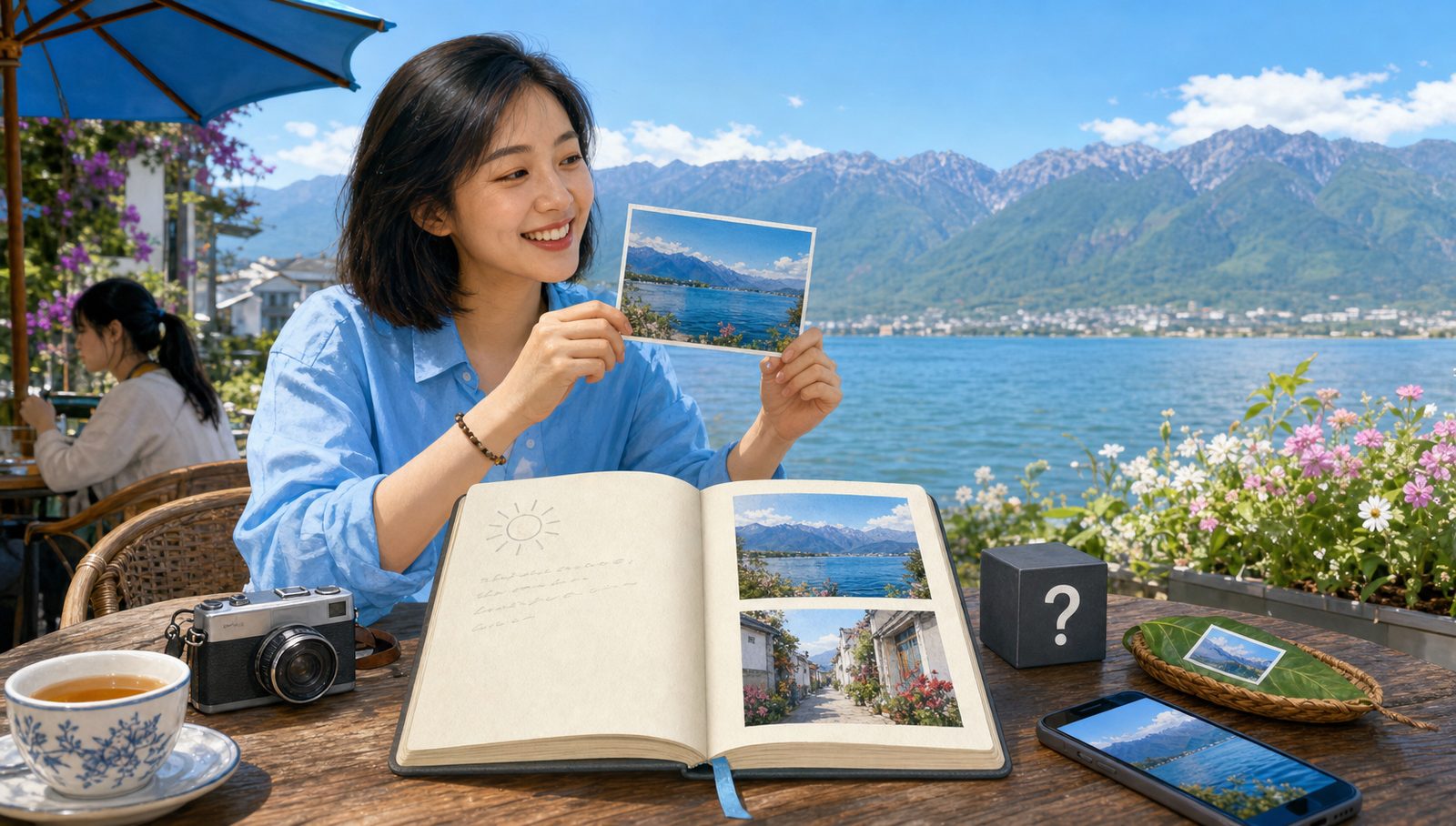 湖边露台上，旅行者举起刚印好的风景明信片，手帐的一页上印着两张旅行照片