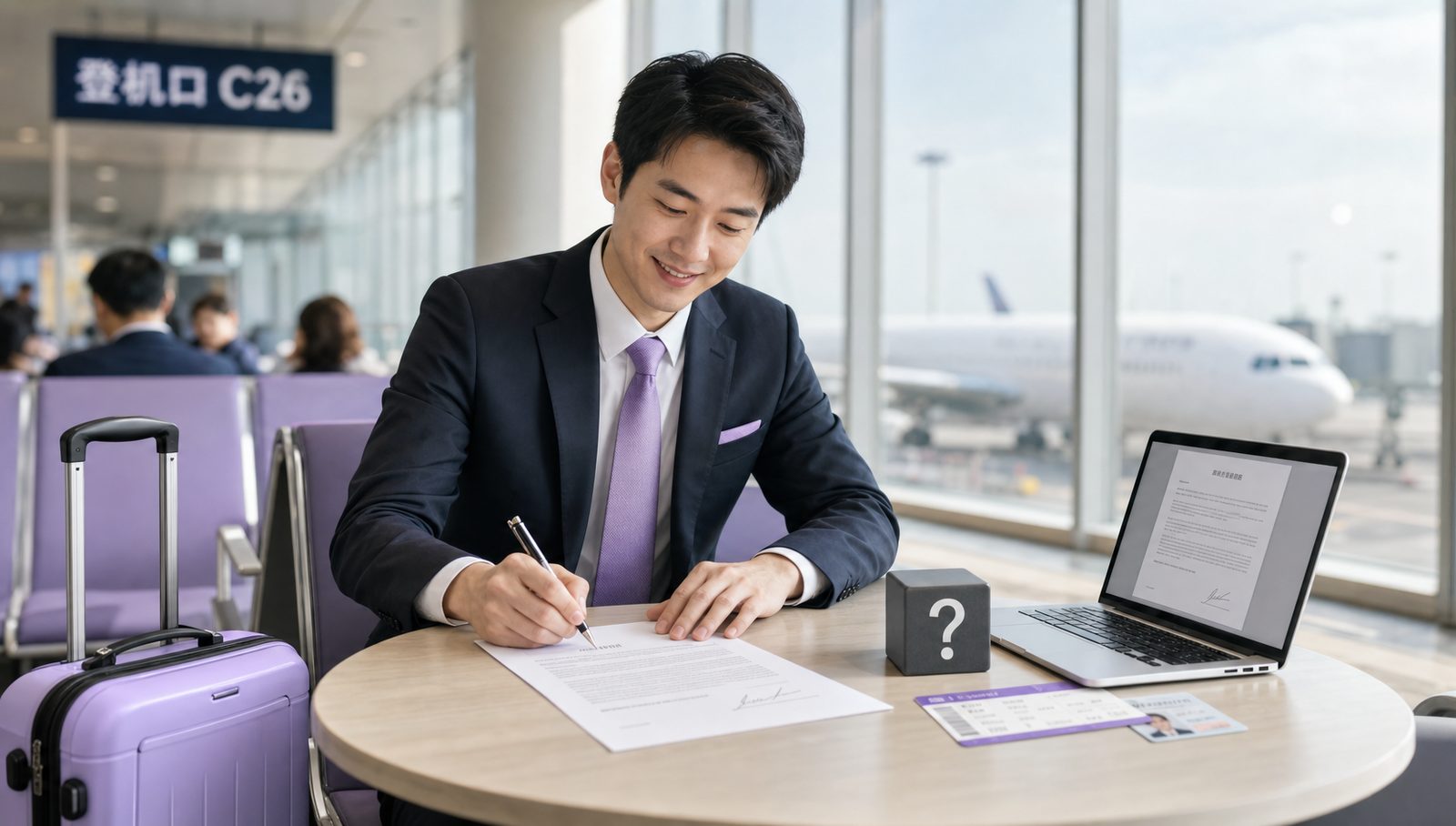 登机口前，商务旅客在刚印好的合同上签字，登机牌放在一旁