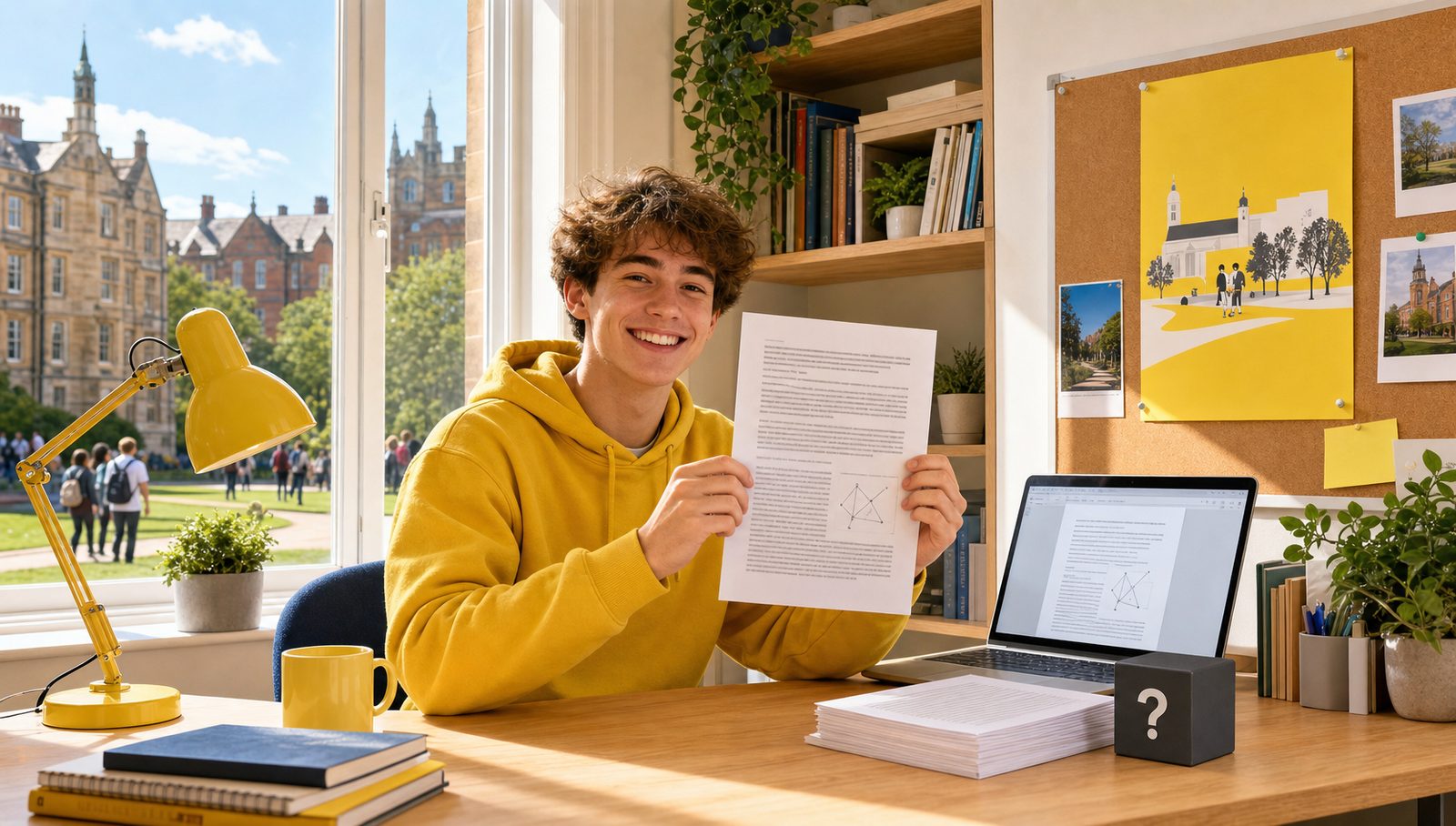 A student at a sunny dorm desk lifts a freshly printed essay, the question-mark block beside it