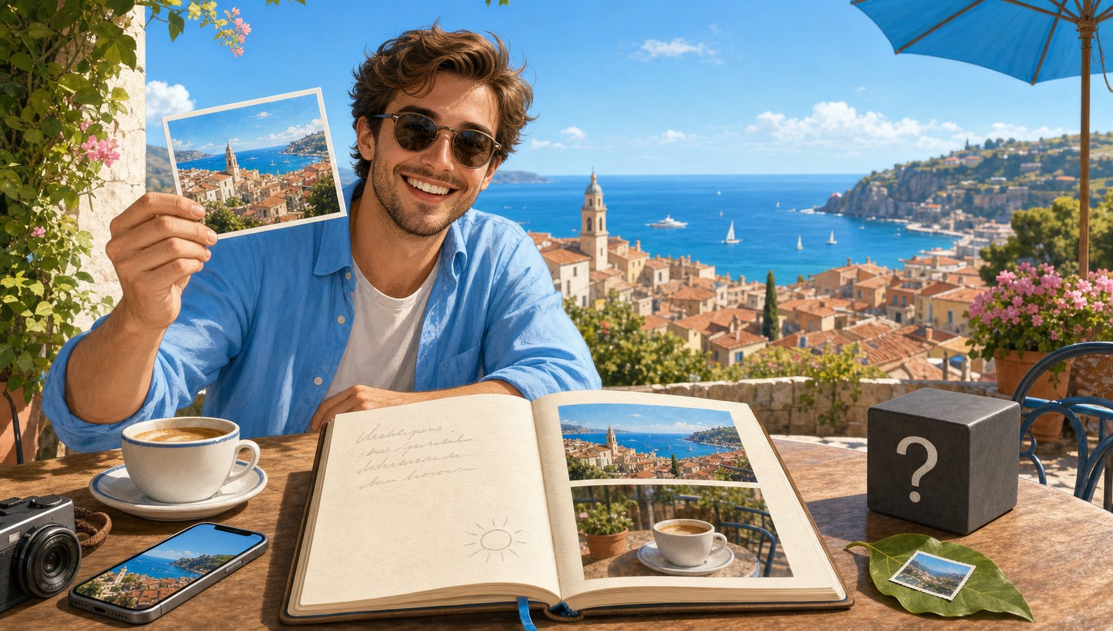 On a café terrace, a traveller holds up a postcard of the view just printed, two travel photos printed on one page of their journal