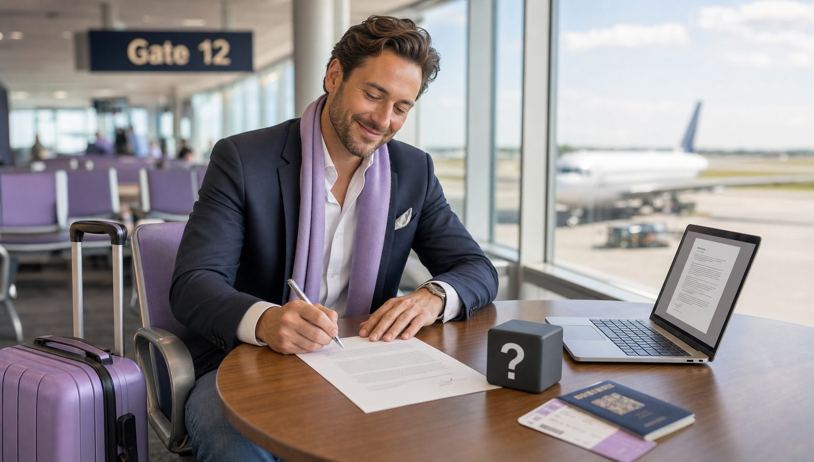 At the gate, a traveller signs a freshly printed contract, boarding pass beside it