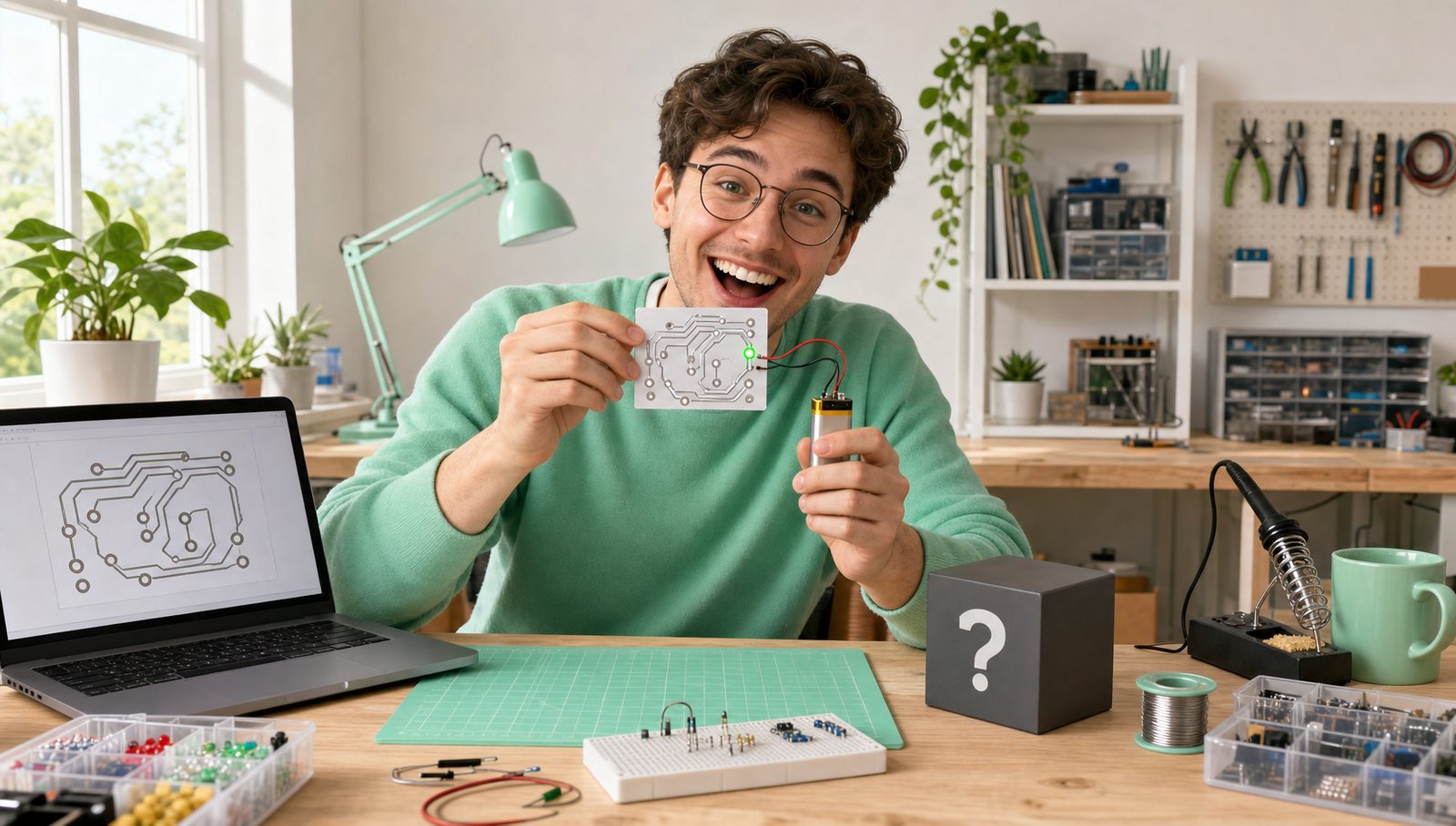 At a bright workbench, a maker holds up a freshly printed circuit with its LED lit