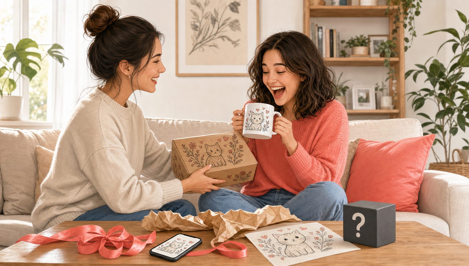 A friend opens a gift box and mug printed with a personal design and laughs