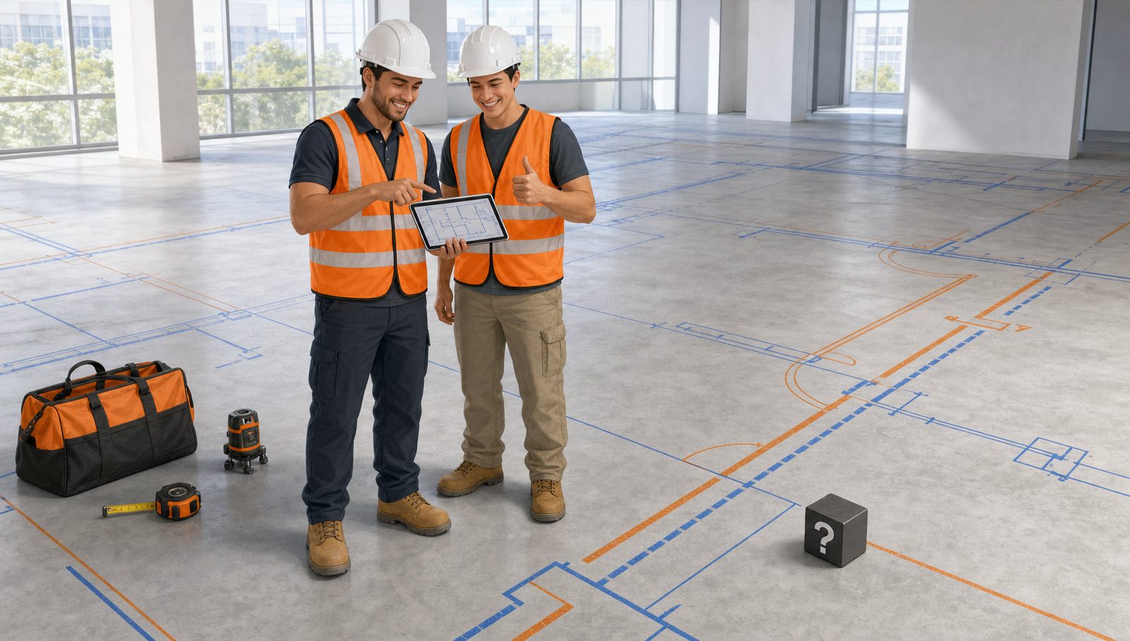 Layout lines and pipe routes already printed on the floor, the crew checking a tablet and ready to start